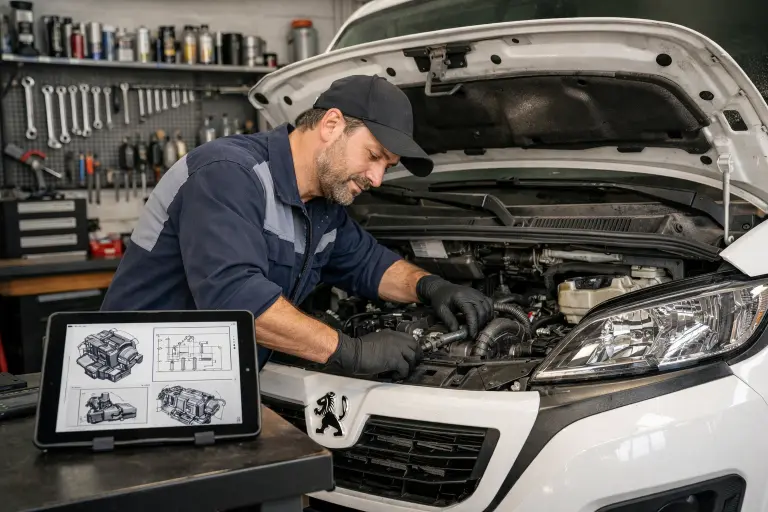 Mechanic using Peugeot Boxer II Workshop Manual on tablet while repairing van engine