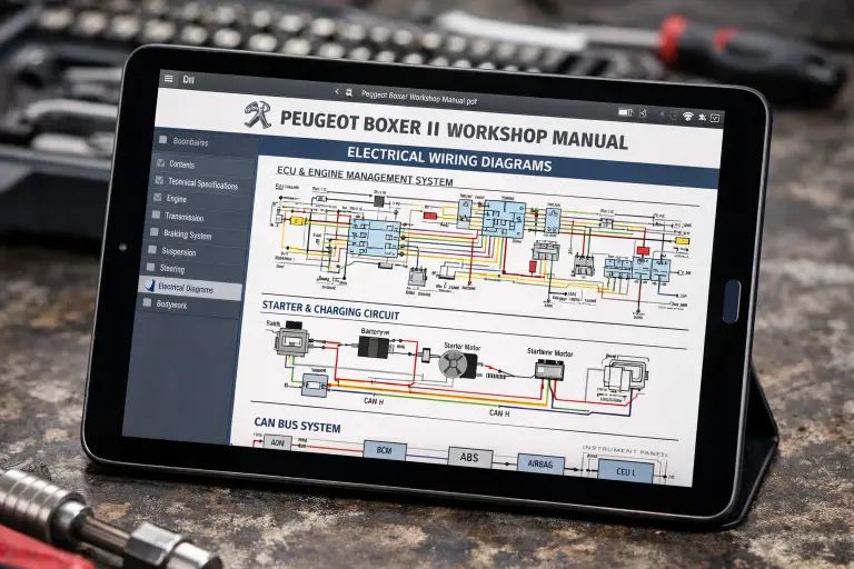 Peugeot Boxer II Workshop Manual PDF displayed on tablet showing wiring diagrams
