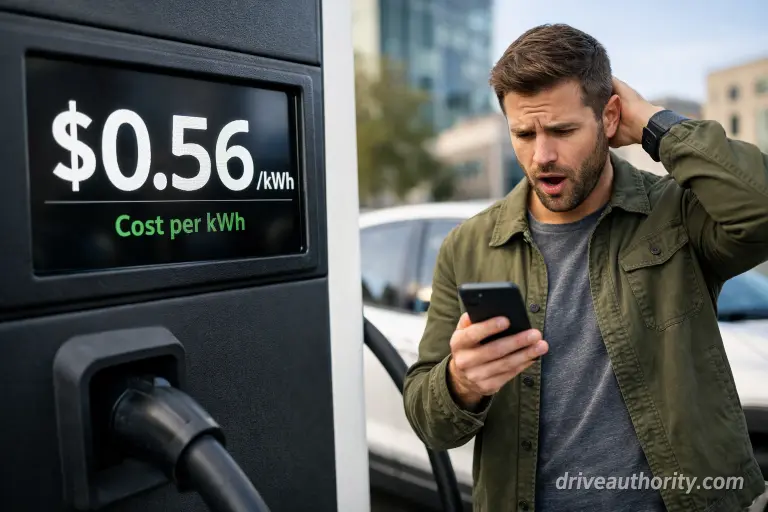 Public EV charging cost shock - driver reviewing expensive charging rates at fast charging station