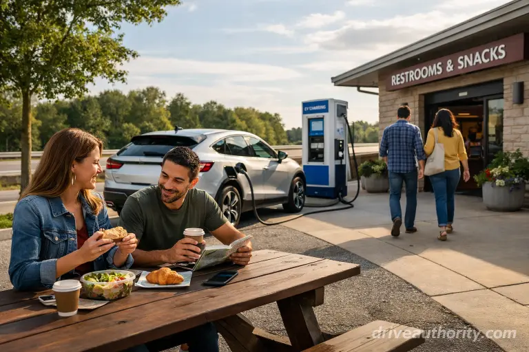 Road trip EV charging time - family using charging stop for meal break
