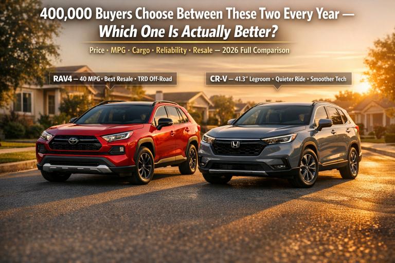 Toyota RAV4 vs Honda CR-V 2026 — side by side comparison showing Supersonic Red RAV4 and Sonic Gray CR-V at golden hour, the two best-selling compact SUVs compared on price, MPG, cargo and reliability