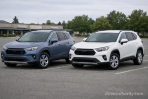 Two compact SUVs side by side for family buyer comparison in suburban car park