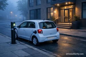 Compact budget electric car charging on a city street outside an urban apartment building