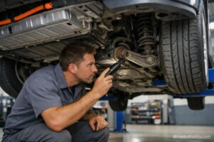 Compact budget electric car charging on a city street outside an urban apartment building
