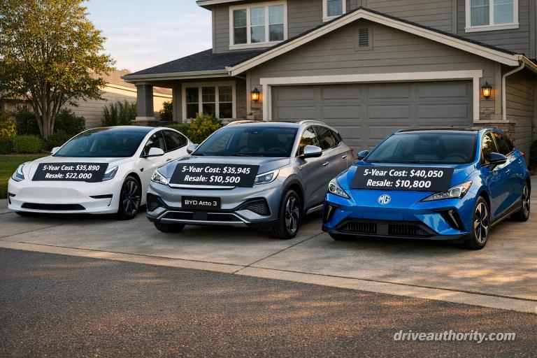 BYD vs Tesla vs MG five year total ownership cost comparison side by side