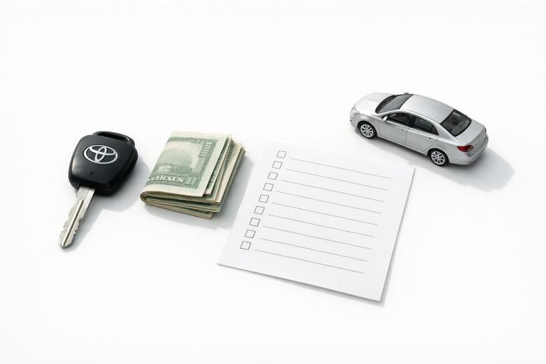 Flat-lay of car key, banknotes, and maintenance checklist representing cheapest cars to maintain in 2026