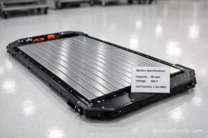Structural EV battery pack with blade cell array displayed in automotive workshop