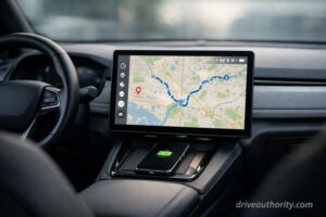 Connected EV interior showing touchscreen with location tracking and data connectivity features