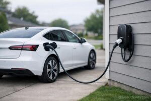 White electric car charging at home driveway station in a quiet suburban neighborhood
