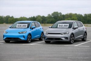 Two electric cars side by side showing price difference between Chinese EV and Western EV