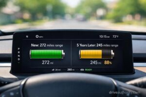 EV battery degradation showing range loss after five years of ownership
