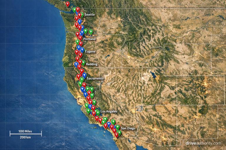 EV charging network coverage map comparing Tesla Supercharger Electrify America EVgo station density I-5 corridor