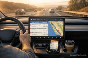 EV route planning dashboard showing charging stops network selection strategy real-world trip preparation 