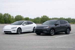 Two electric cars side by side comparing sedan and crossover EV commuter options