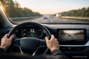 EV interior during long motorway commute with adaptive cruise control indicator active