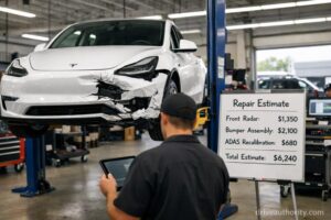 Tesla EV front-end collision repair showing high insurance claim costs for sensors
