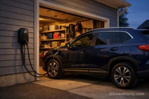 Compact SUV plugged into home wall charger at dusk showing hybrid ownership convenience