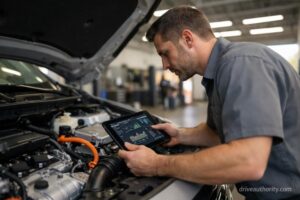 Automotive technician inspecting hybrid vehicle engine bay at a dealership service center