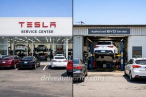 Tesla vs BYD MG service center infrastructure showing network density differences
