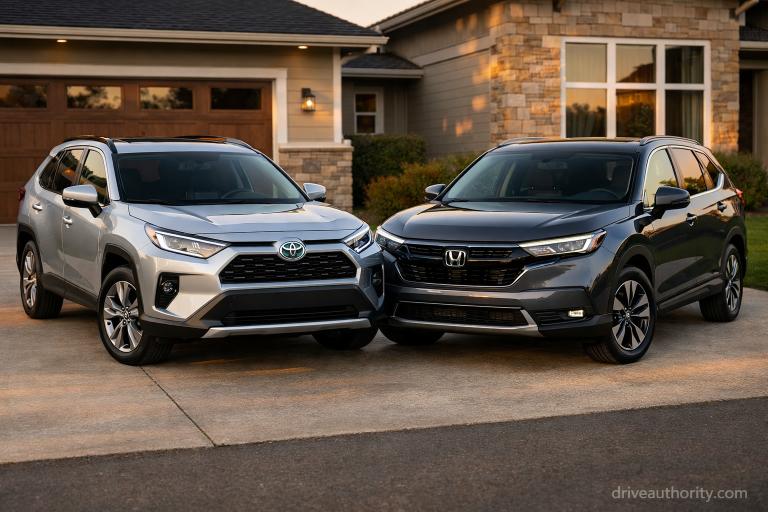 Toyota RAV4 vs Honda CR-V hybrid comparison 2026 driveway view