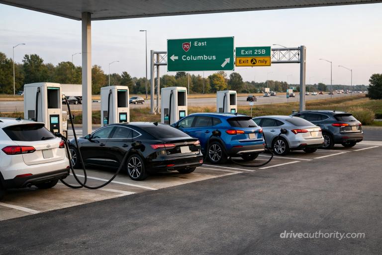 Electric SUV parked in suburban driveway United States 2026