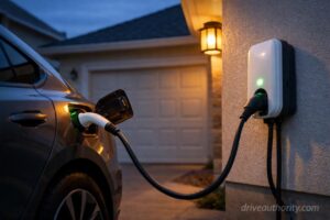 Electric car plugged into home Level 2 wall charger on suburban driveway at dusk