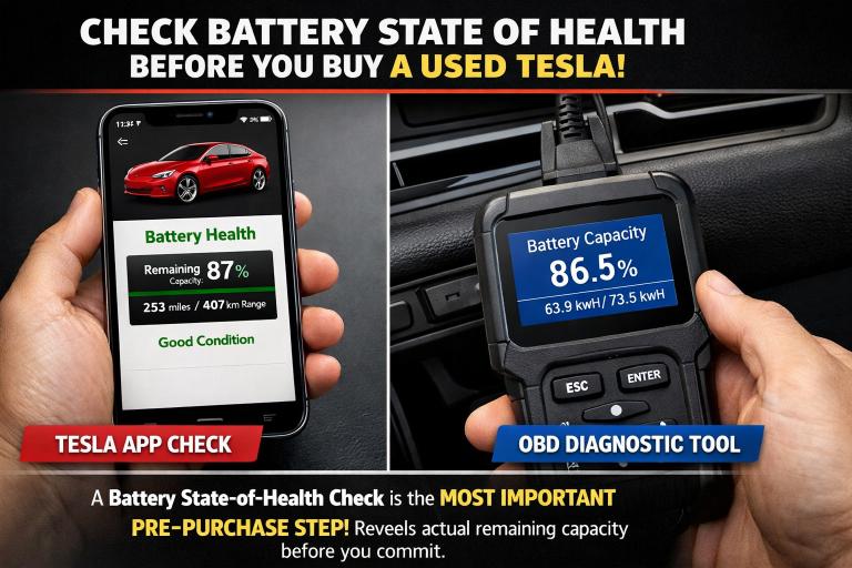 Tesla battery state of health check screen — how to verify battery degradation before buying a used Tesla in 2026
