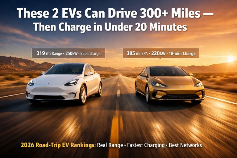 Best EV for road trips 2026 — Tesla Model Y and Hyundai Ioniq 6 side by side on open American highway, showing real-world range and charging speed comparison for long-distance driving