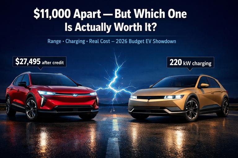 Chevy Equinox EV vs Hyundai Ioniq 5 — dramatic face-off comparison showing $27,495 price tag versus 220 kW charging speed, the two best budget EVs for 2026 buyers