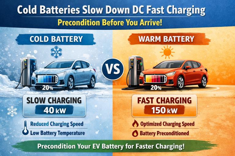 EV charging port covered in ice crystals in extreme cold winter weather showing charging cable connected
