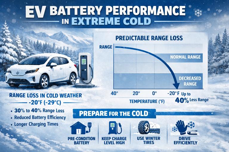 Electric vehicle parked in extreme cold winter conditions showing battery range loss on dashboard display
