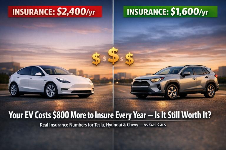EV insurance cost vs gas car — Tesla Model Y at $2,400 per year vs Toyota RAV4 at $1,600, showing real annual premium difference between electric and gasoline vehicles in 2026