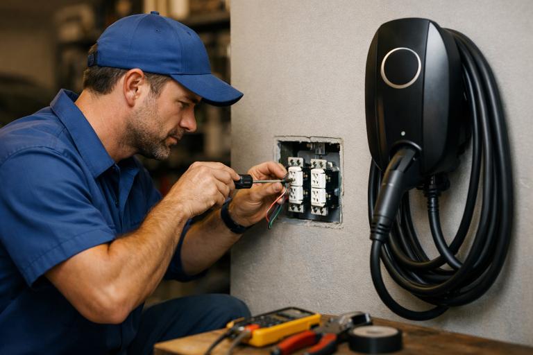 Home EV charger installation — electrician wiring 240V circuit for Level 2 charger in residential garage 2026