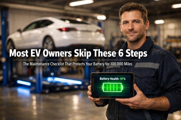 How to maintain an EV — mechanic checking electric car battery health at 97% in modern workshop, showing full EV maintenance checklist for long-term performance