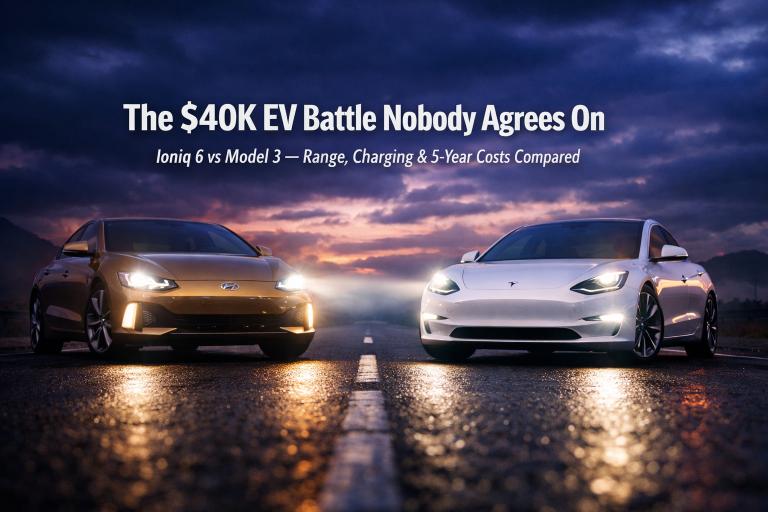 Hyundai Ioniq 6 vs Tesla Model 3 2026 — head-to-head comparison of two $40K electric sedans on range, charging speed, and 5-year ownership cost