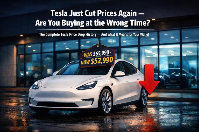 Tesla price drop history — Model Y price cut from $65,990 to $52,990 illustrated with dramatic price tag, showing Tesla's pricing strategy impact on buyers in 2026
