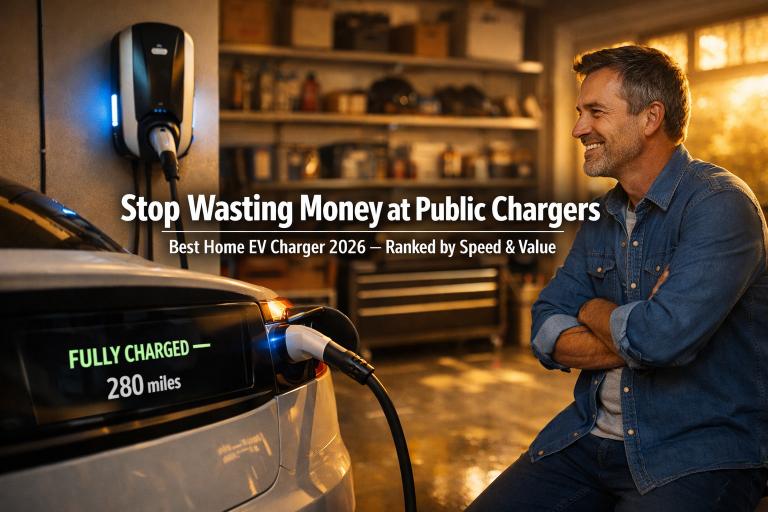 Best home EV charger 2026 — homeowner with Level 2 charger in garage showing fully charged electric car, saving money on public charging costs