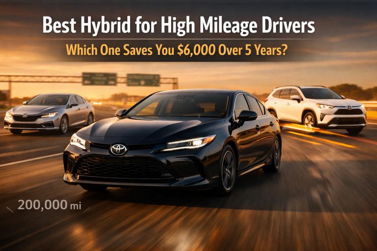 best hybrid cars for high mileage drivers 2026 — Toyota Camry Hybrid, Honda Accord Hybrid, and RAV4 Hybrid on open highway, ranked by real-world MPG, battery longevity, and 5-year ownership savings