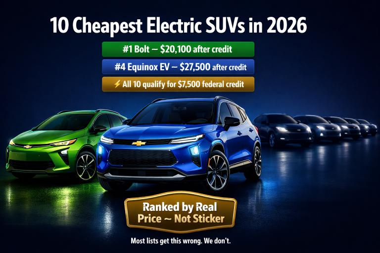 Cheapest electric SUVs in 2026 ranked by real price after federal tax credit — Bolt from $20,100, Equinox EV from $27,500, and 8 more affordable models compared