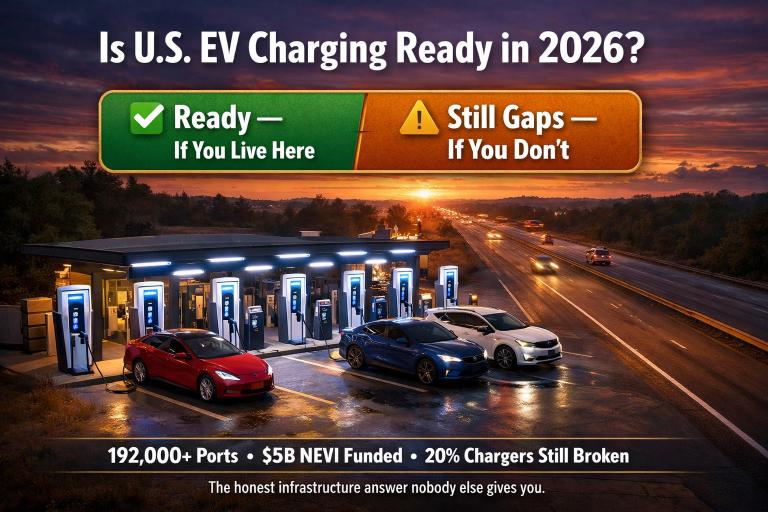 EV charging infrastructure in the US 2026 — highway fast charging station at dusk showing network coverage, NEVI progress, and regional readiness gaps