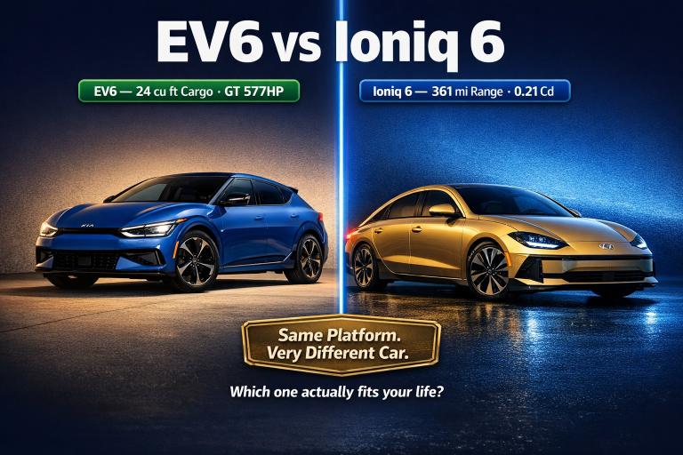 Kia EV6 vs Hyundai Ioniq 6 2026 — side by side comparison showing crossover vs streamback fastback design, 361 mile range vs 24 cu ft cargo trade-off