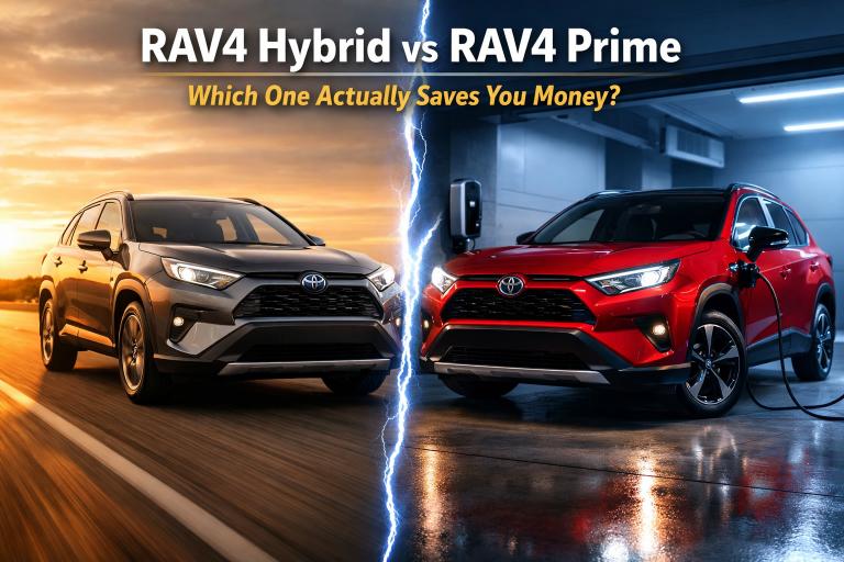 2026 Toyota RAV4 Hybrid vs RAV4 Prime PHEV side-by-side comparison — showing Magnetic Gray Hybrid on highway and Supersonic Red Prime plugged in at home, comparing MPG, electric range, and total ownership cost