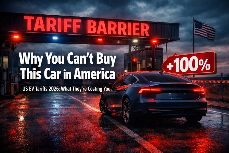 US EV tariffs 2026 — electric car stopped at border checkpoint with 100% tariff barrier, showing why Chinese EVs are blocked from the American market