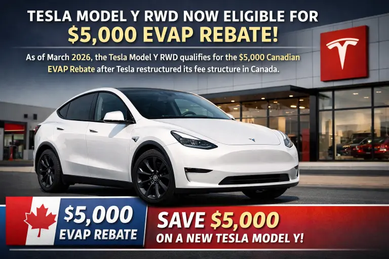 Tesla Model Y RWD now eligible for Canada EVAP $5,000 rebate 2026 — price after incentive $44,990