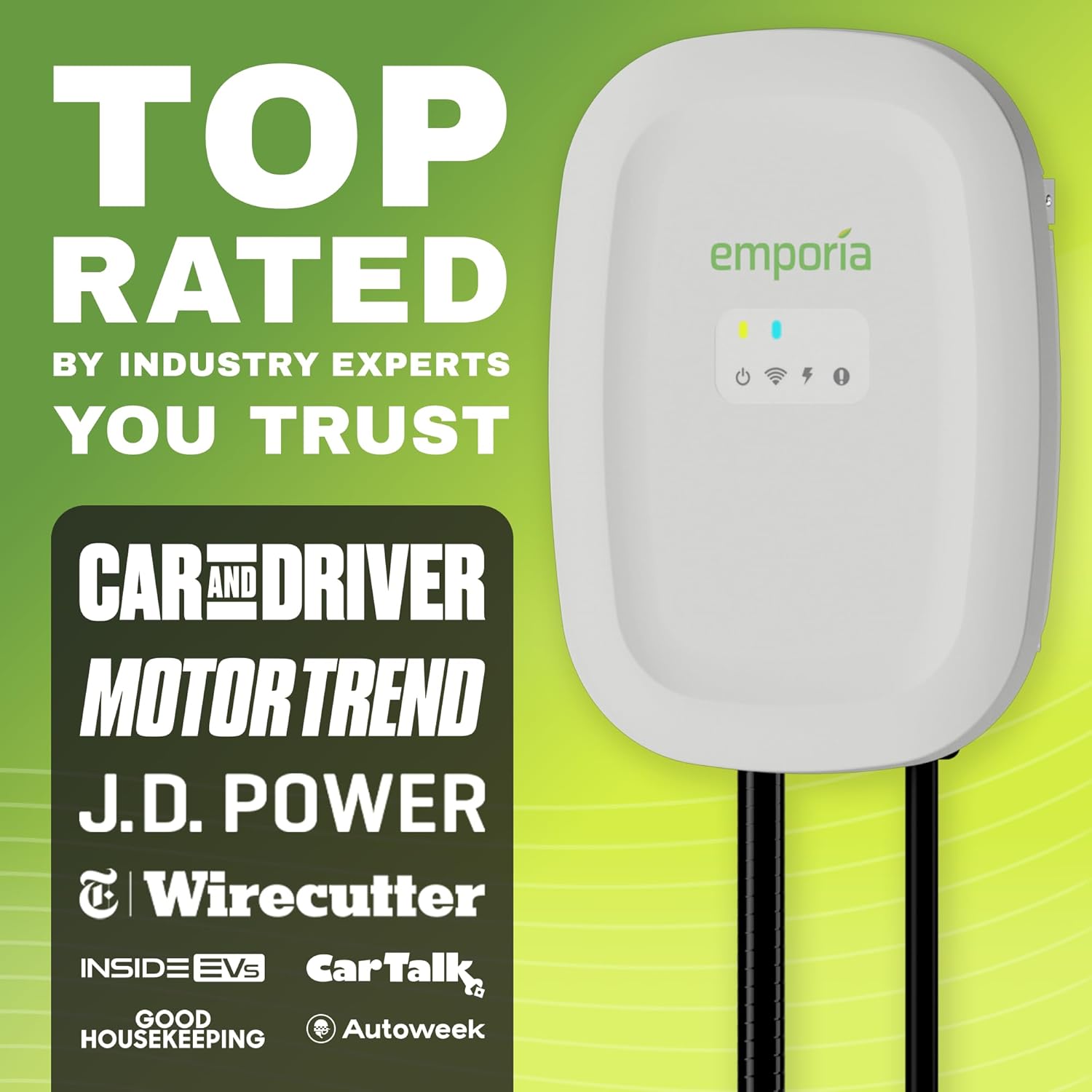 Emporia Level 2 EV charger installed on a garage wall with the J1772 connector hanging on the cable hook