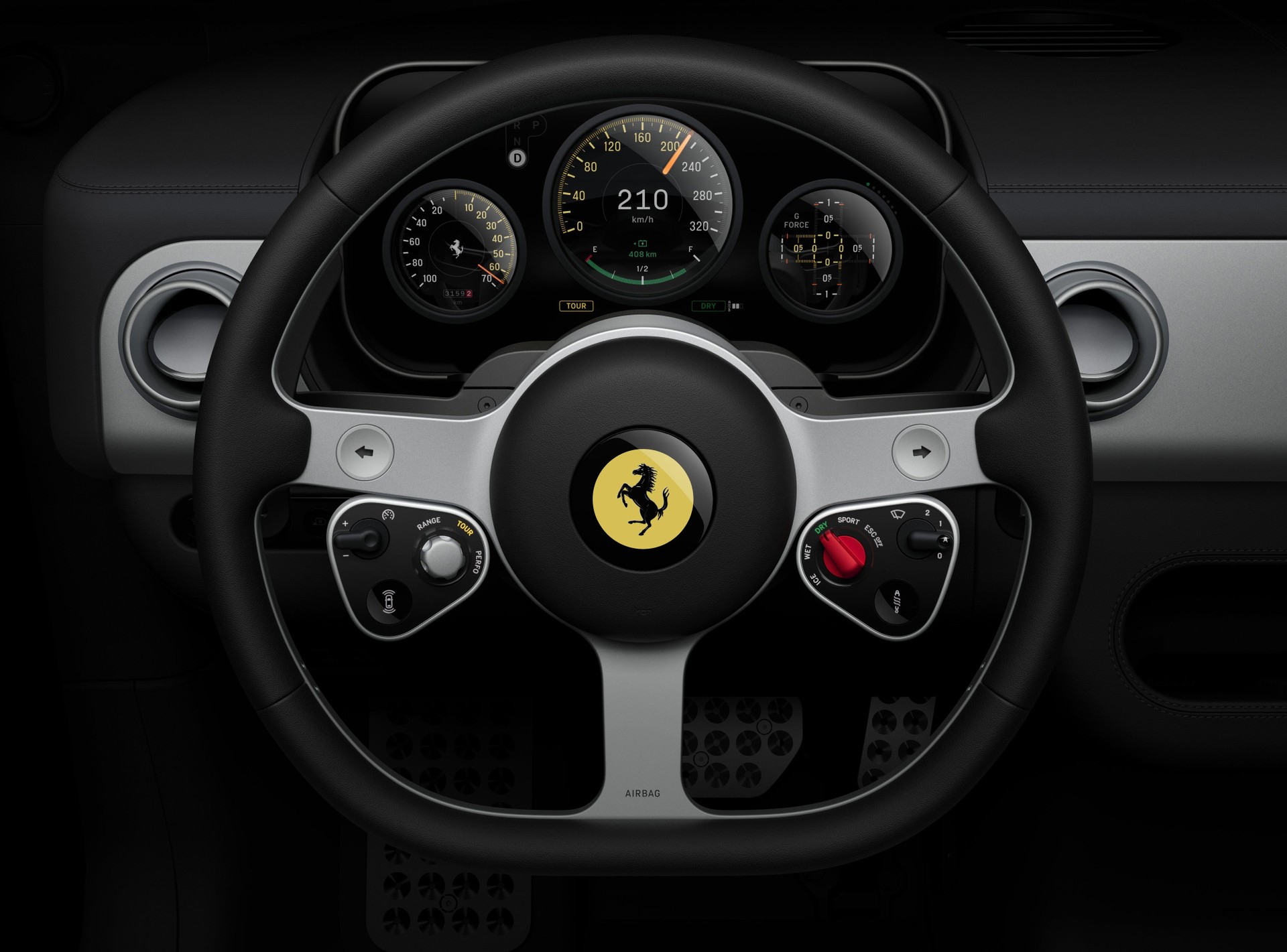 Ferrari Luce interior showing LoveFrom-designed physical controls and instrument panel