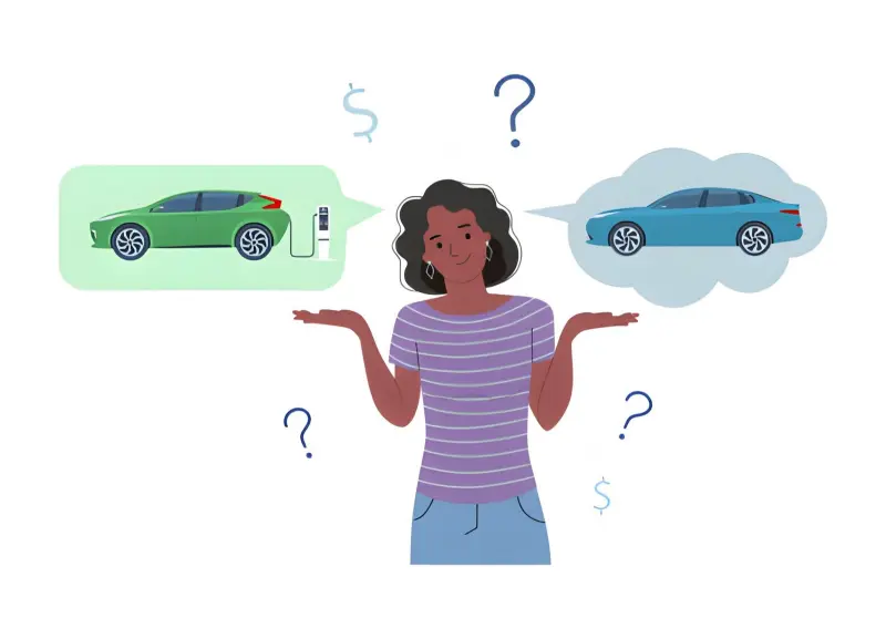 Woman comparing an electric car and a gasoline car side by side, weighing the electric cars pros and cons