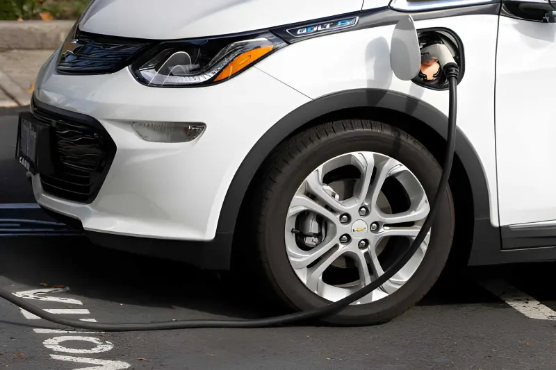 Close-up of the Chevy EV charger J1772 connector plugged into a Chevrolet Bolt EUV