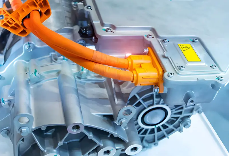 Side-by-side comparison of gas car engine parts and electric car motor showing the difference in complexity