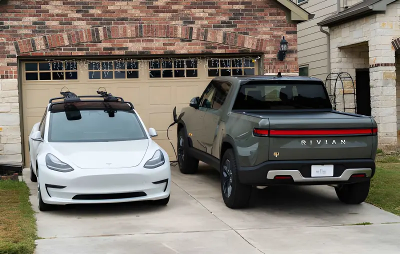 Rivian R1T electric pickup truck alongside a Tesla Model 3 comparing different EV steering approaches
